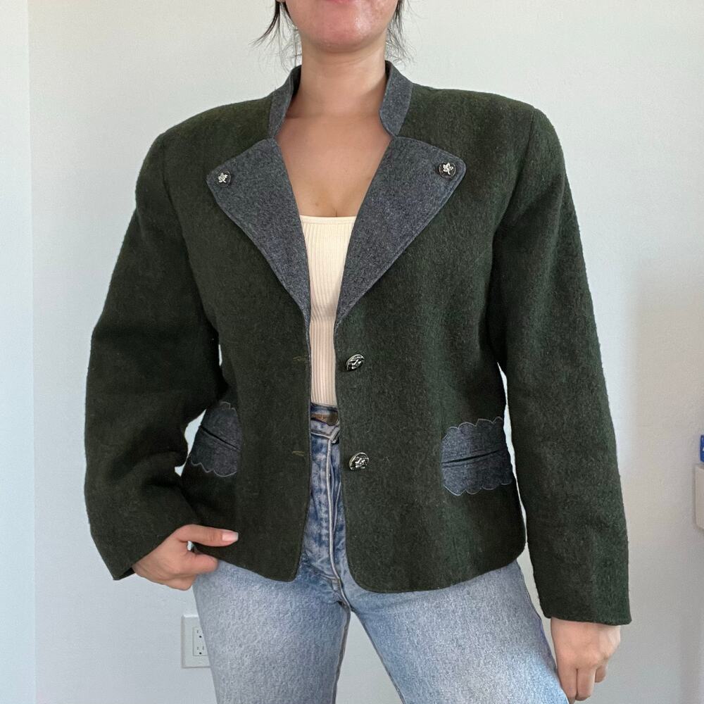 80s Lizwear Green‎ Wool Blazer Jacket Size 10 Alpine Trachten Vintage Layer